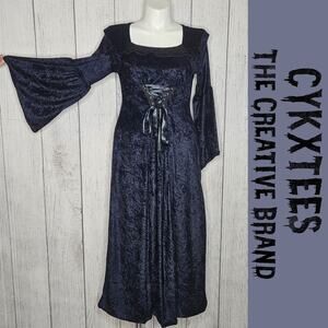 VTG 90s CYKXTEES Velvet Renaissance Goth Maxi Dress Bell Sleeves Corset Witch XL
